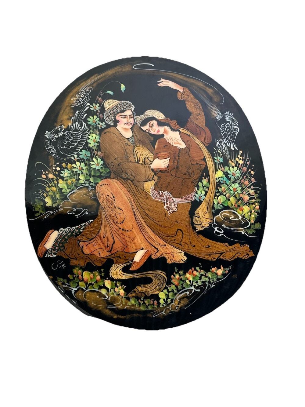 Vintage 18" Persian Lacquer Wood Plaque Hand Painted Signed Bozorgi Lovers Art